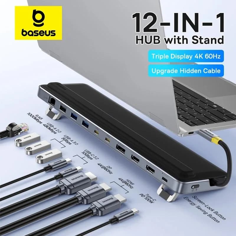 DOCKING Station Baseus EliteJoy EH3 Series 12-in-1, conectare PC USB-C,Type-C to 2xHDMI 4K@60Hz,1xDP4K@60Hz,2xUSB-C(10Gbps),2xUSB-A(5Gbps),1xUSB-A(480Mbps),SD/TF(3.0),RJ45(Gigabit),USB-C(PD), gri "B0114200" - 6932172692278 — miniatură