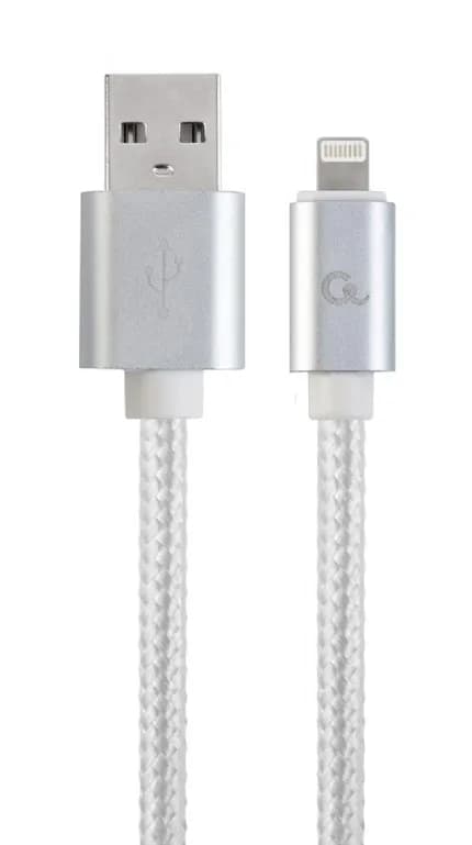 CABLU alimentare si date GEMBIRD, pt. smartphone, USB 2.0 (T) la Lightning (T), 1.8m, premium, conectori auriti, cablu cu impletire din bumbac, argintiu, "CCB-mUSB2B-AMLM-6-S"
