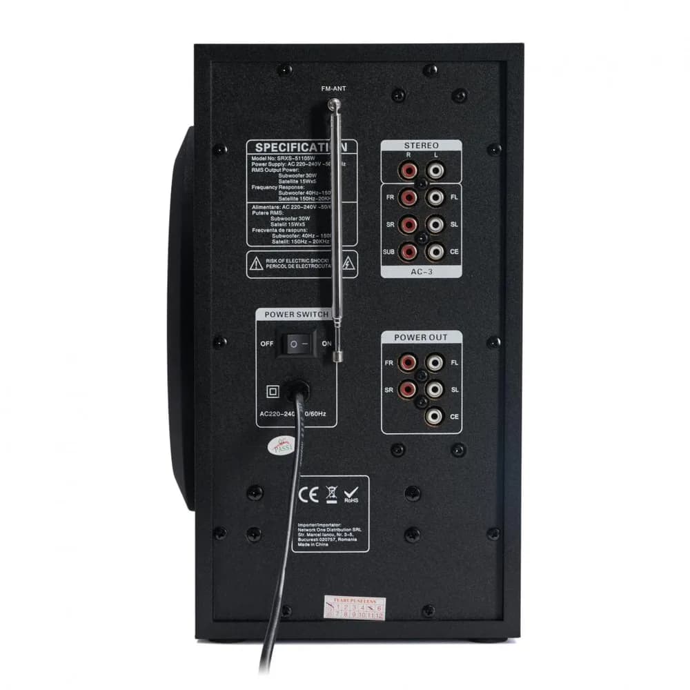 Boxe Serioux 5.1 SoundRise 51105W, putere totala 105W RMS, tip 5.1, sateliti 5 x 15W, subwoofer 30W, Conectivitate: Bluetooth, USB, AUX, SD, Radio FM, negre, SRXS-51105W — miniatură