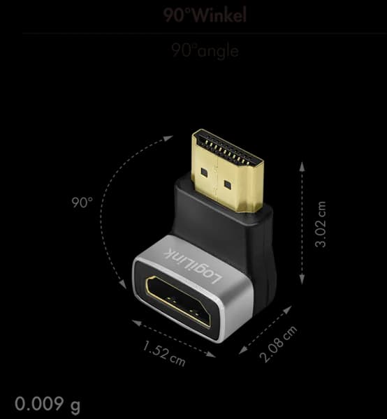 ADAPTOR video LOGILINK, HDMI (T) la HDMI (M), conectori auriti, rezolutie maxima 8K (7680 x 4320) la 60 Hz, 270 grade, negru-gri, "AH0007A" — miniatură
