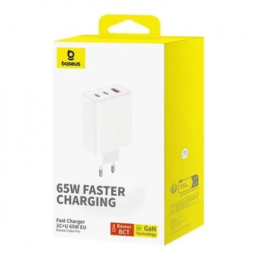 INCARCATOR RETEA Baseus Cube Pro, Quick Charge 65W, 2 x USB Type-C Output 5V/3A, 1 x USB, alb "P10152301213-00" - 6932172641481 — miniatură