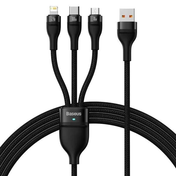 CABLU alimentare si date Baseus Flash, One-for-three Retractable, pt smartphone,USB la Micro-USB+Lightning + USB Type-C 100W, 1.2m, negru "CASS030001" - 6932172608712