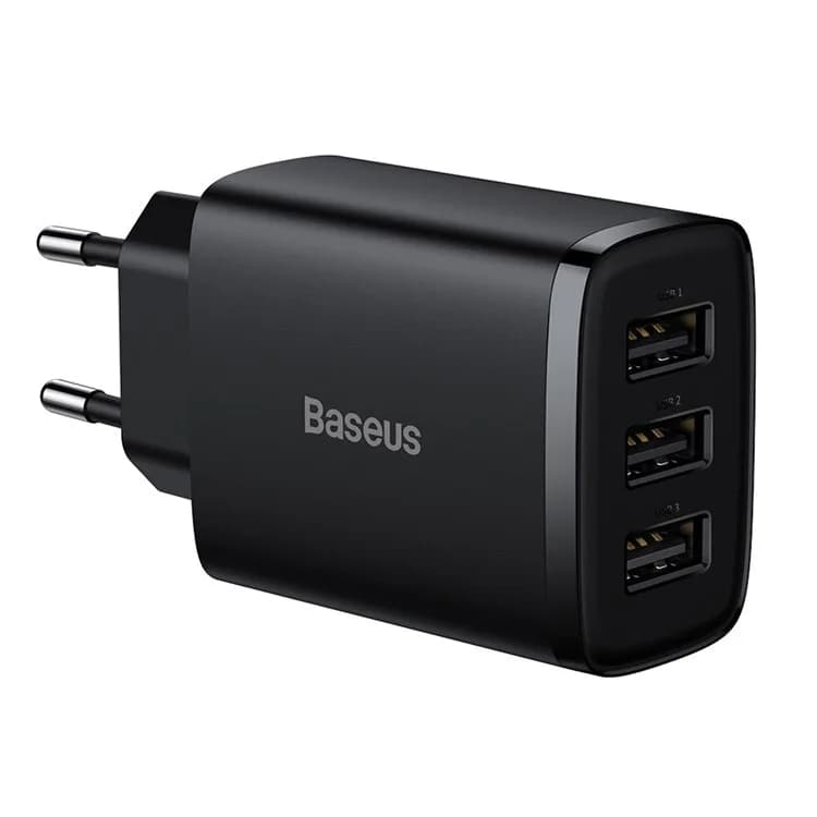 INCARCATOR retea Baseus Compact, Fast Charge 17W, 3 x USB 5V/2.1A, negru "CCXJ020101" - 6932172606961 — miniatură