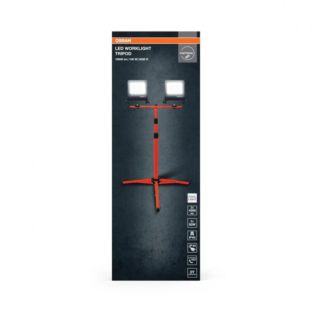 2 Proiectoare LED (lampa de lucru) cu stativ OSRAM Worklight Tripod,2x50W, 220-240V, 2x4500 lm, lumina neutra(4000K), IP65/IK06/IP44,inaltime ajustabila 1.8m, Aluminiu