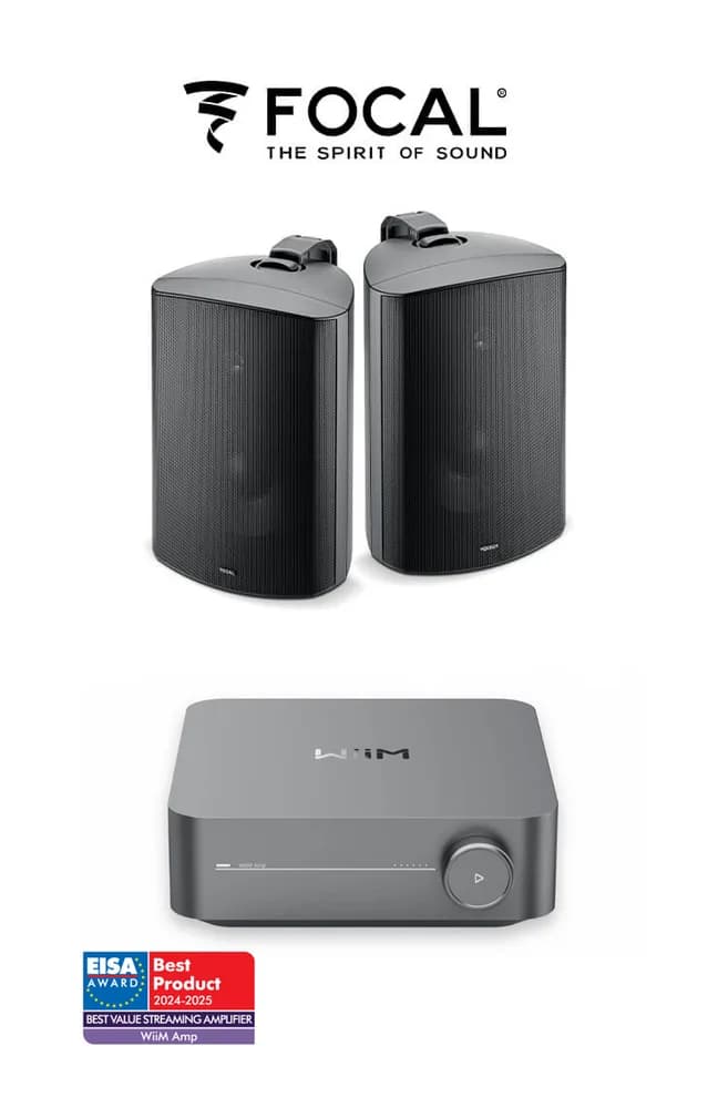 Pachet sonorizare premium de Terasa cu WiiM AMP 120W si 2 boxe FOCAL 100 OD6 Negre, WiFi Streaming, Bluetooth - TG26