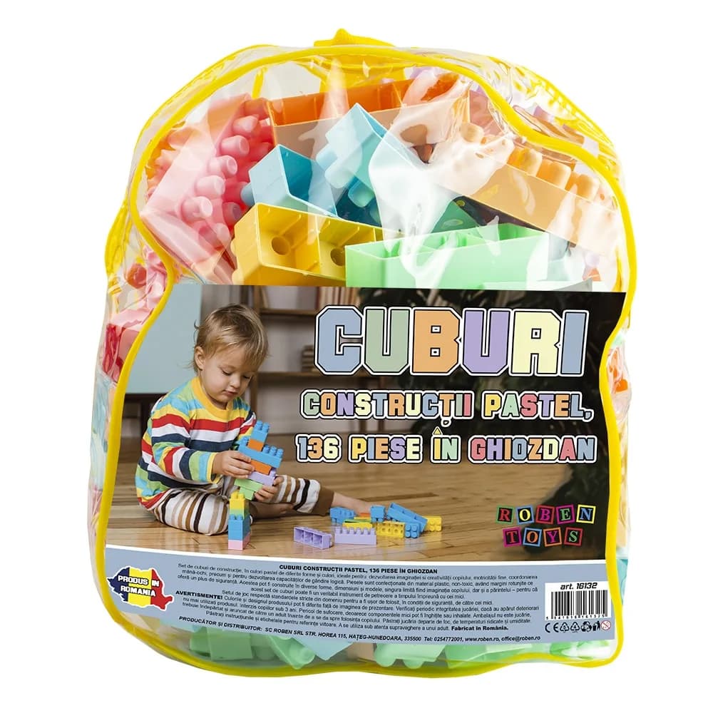 Cuburi constructii, pastel, 136 piese/ghiozdan - ROBENTOYS — miniatură