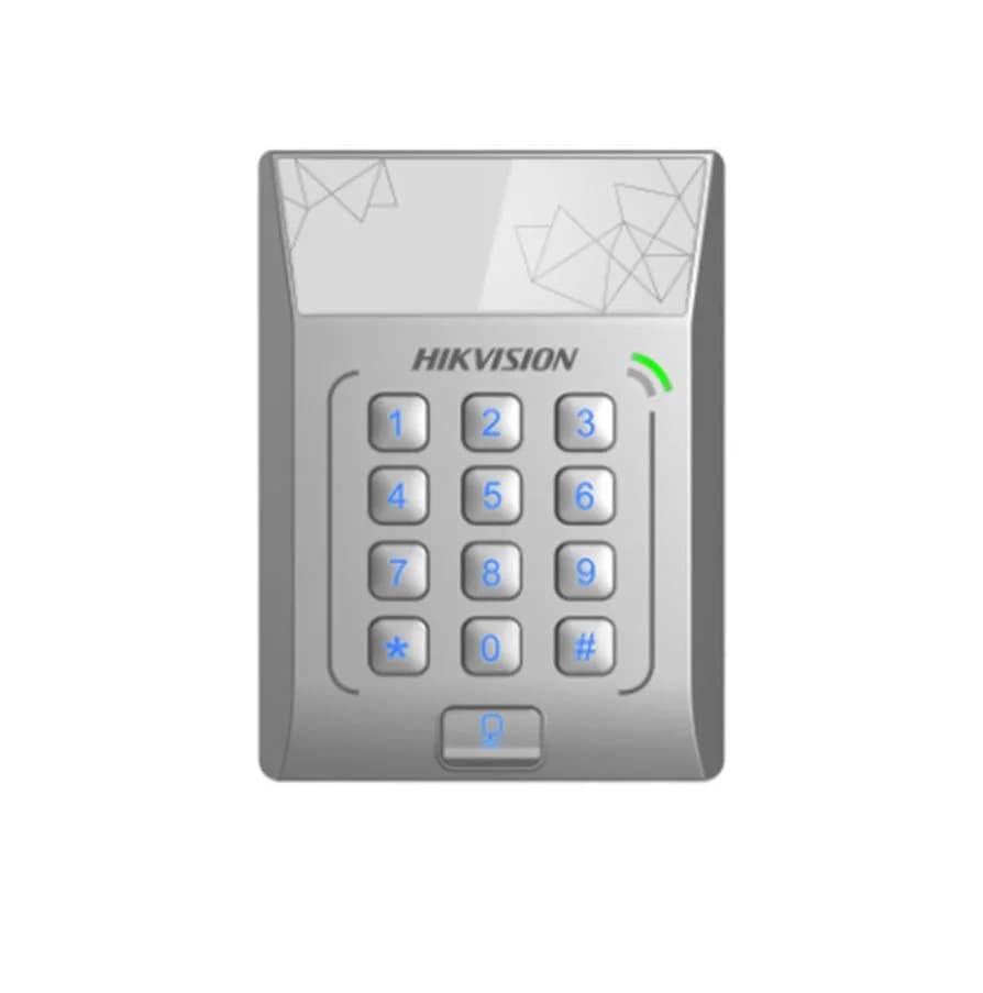 Cititor standalone cu tastatura si card de proximitate Hikvision DS- K1T801E; suporta cartele EM 125Khz; Capacitate 3000 cartele,Autentificare: card sau card si parola; Intrari: buton de iesire x1,contact de usa x 1; Iesiri: sonerie x1, incuietoare electrica x 1;Alimentare: DC 12V/1A; Dimensiuni