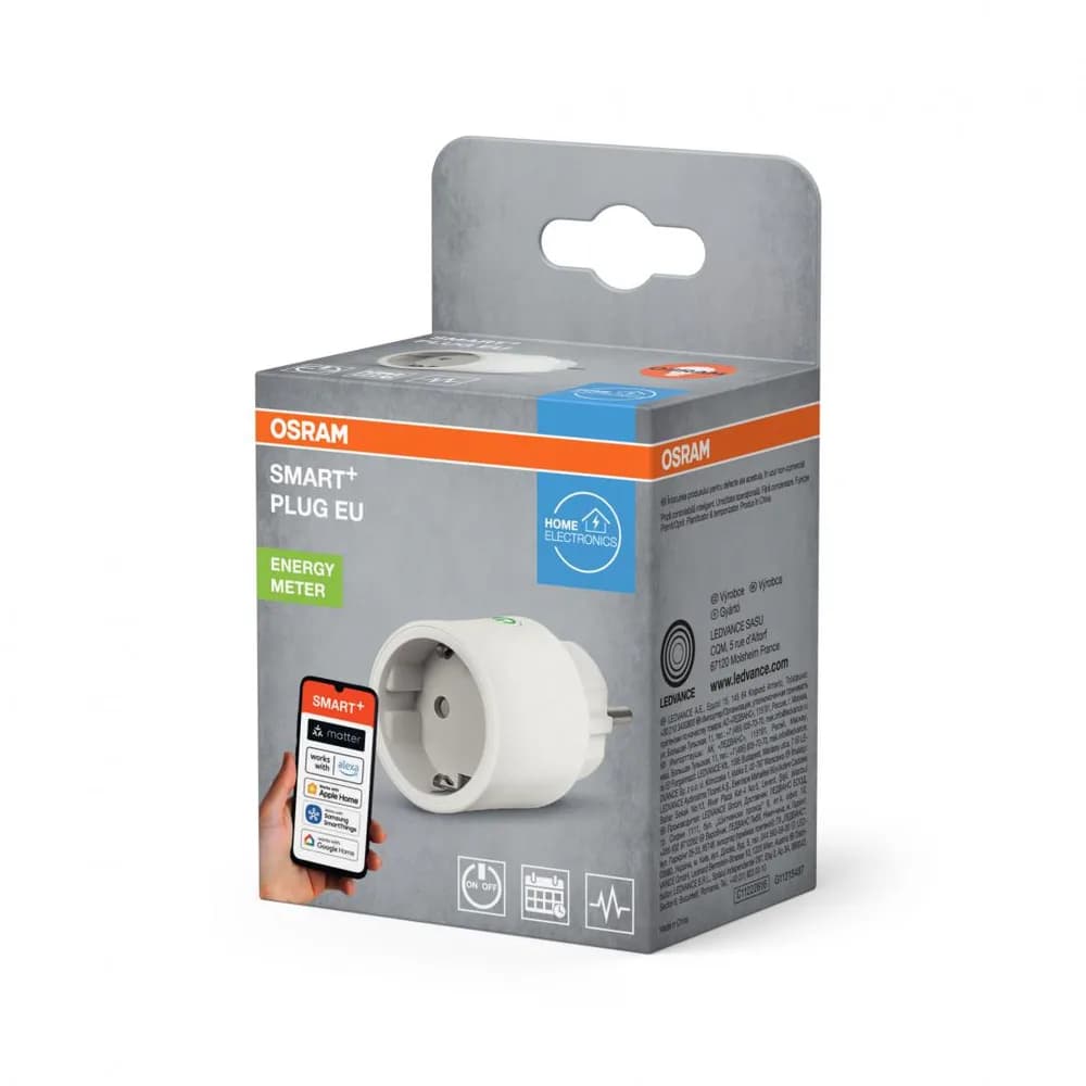 Priza inteligenta Osram SMART+ Matter over WiFi (2.4 GHz), 10A, 2300W, IP20, compatibila Amazon Alexa, Google Home, Apple Home, Samsung SmartThings si alte platforme Matter, Alba