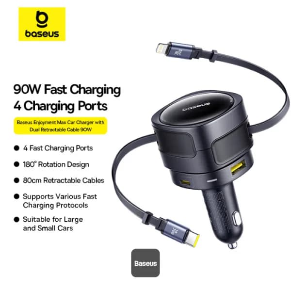 INCARCATOR auto Baseus Enjoyment Max, Quick Charge 90W, 1 x USB, cablu retractabil integrat 2 x USB Type-C, pt. bricheta auto, negru "C00035507121-03" - 6932172682606 — miniatură