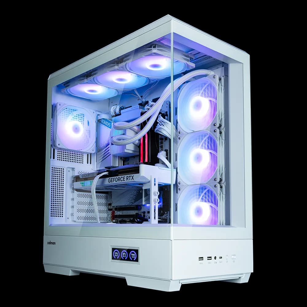CARCASA Zalman "P50 DS", middle tower, gaming, fara sursa, suporta 10xfan, 4xfan inclus, PSU shroud, afisaj electronic, USB Type-C x 1, USB 3.1 gen1 x 2, audio+mic, 7 sloturi expansiune, alb, "P50 DS White" — miniatură