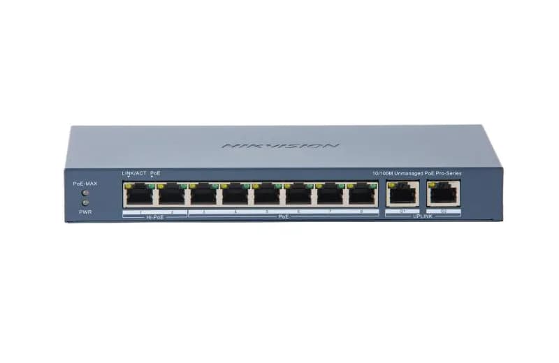 Switch PoE Hikvision DS-3E0310HP-E(C): 8 × 10/100 Mbps PoE port,2 × Gigabit RJ45 port, 16 porturi PoE maxim 30W, buget PoE 130W, tensiune alimentare: 54 VDC, 2.22 A., dimensiuni: 217.6 mm × 27.6 mm × 108.5 mm, greutate: 1.27kg, montare pe birou.
