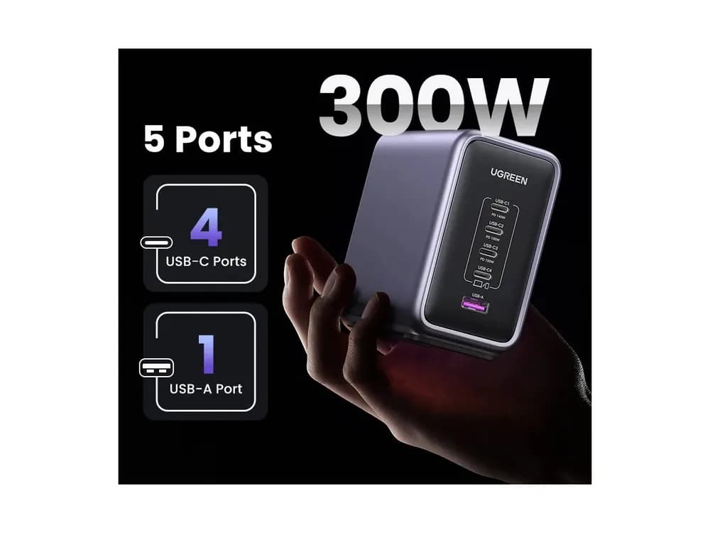 INCARCATOR RETEA UGREEN, "CD333" 300W GaN Nexode Desktop Charger PD3.1, 4 x USB Type-C, 1 x USB, lungime cablu 2m, gri "90903B" — miniatură