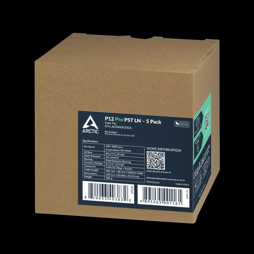 Set 5 ventilatoare Arctic "P12 Pro PST LN - 5 Pack", 120mm, 450 - 2000 RPM, FDB, 49 cfm, 4-Pin Fan Plug + 4-Pin Socket, negru, "ACFAN00350A" — miniatură