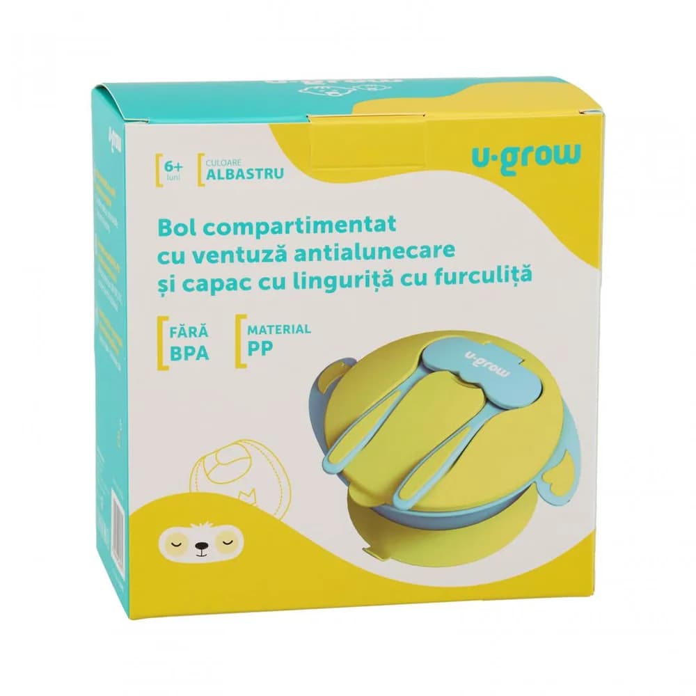 Bol compartimentat cu ventuza antialunecare si capac cu lingurita si furculita, blue, U-Grow — miniatură