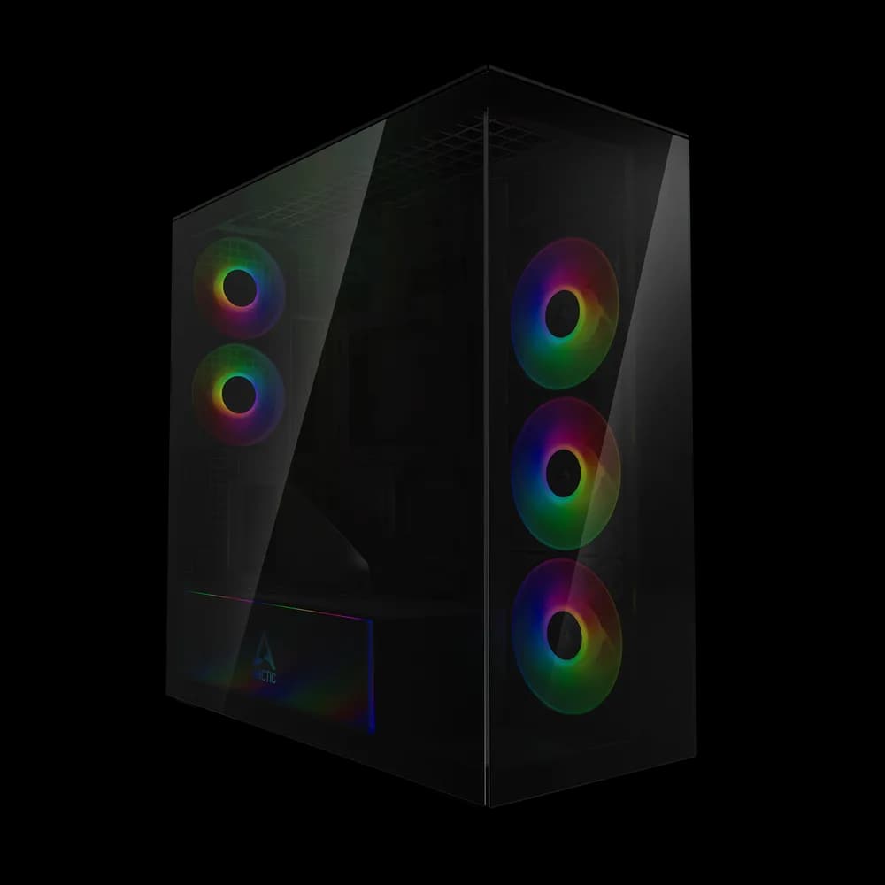 CARCASA Arctic "Xtender VG BK", mid tower, max 8xfan, 3x P14 Pro R A-RGB si 2x P12 Pro A-RGB instalate, shroud 24 LED ARGB, USB-C x 1, USB 3.2 x 2, audio+mic, 7 sloturi exp, GPU vertical, riser PCIe 4.0, negru, "ACPCC00016A"