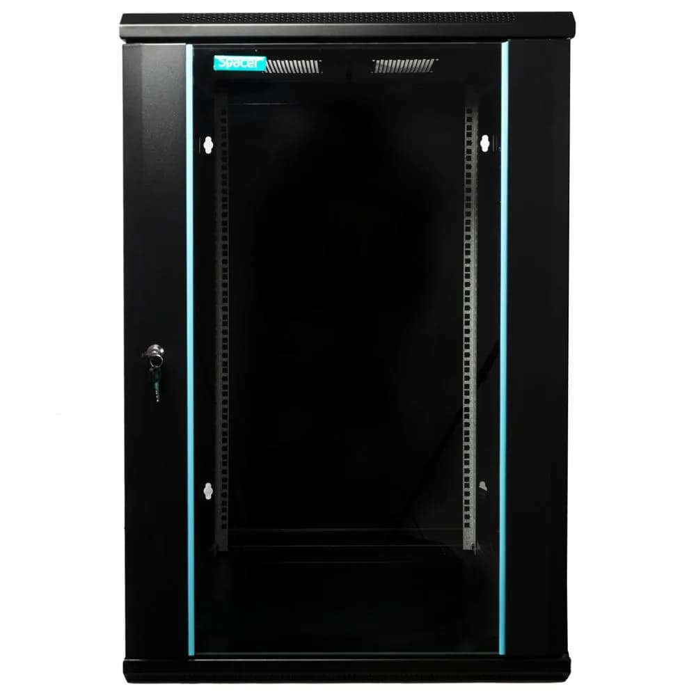 CABINET 19″ SPACER 18U 600x600mm, fixare pe perete, Flatpack (dezasamblat), Black, usa sticla cu blocare, panouri detasabile, otel 1.5mm, sarcina maxima 60Kg — miniatură