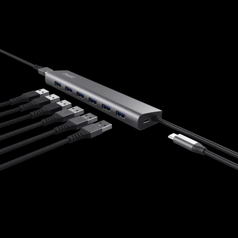 Hub USB TRUST Halyx USB-A, 7 porturi, Gri — miniatură