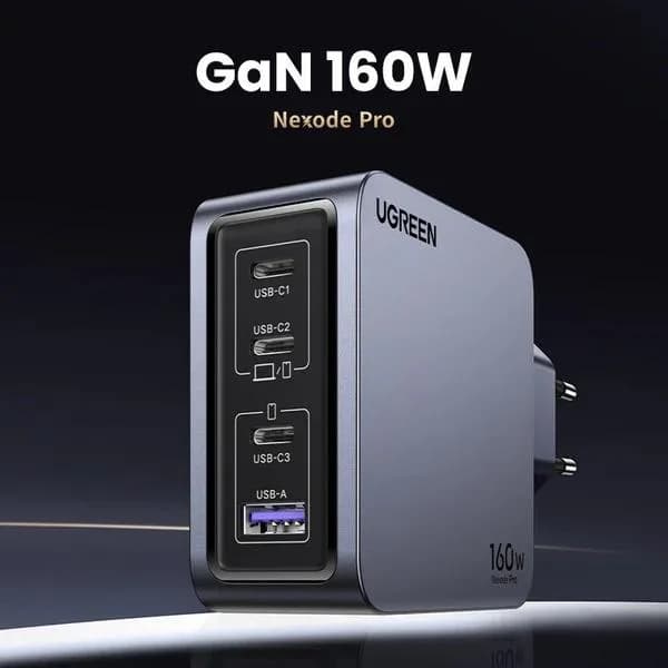 INCARCATOR retea Ugreen, Nexode "X763" Quick Charge 160W GaN, 1 x USB, 3 x USB Tpe-C, include cablu USB Type-C la USB Type-C 240W 1.5 m, gri "25877" - 6941876228775 — miniatură