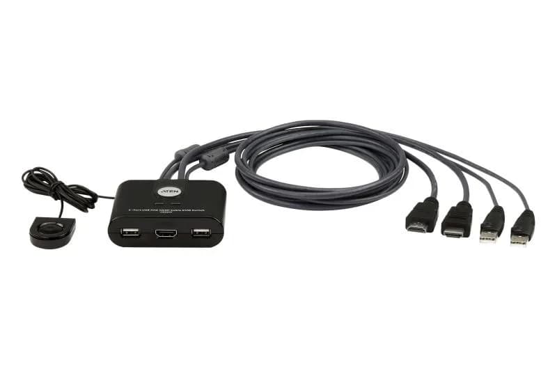 Switch KVM ATEN CS22HF. Tastatură de tip port: USB, Mouse tip de port: USB, Video Type portul: HDMI. Tip HD: Full HD, Rezoluţia maximă: 1920 x 1200 Pixel, Lungime de bandă video: 60 Hz. Culoarea produsului: Negru, Material carcasă: Din material plastic, Lungime cablu: 1,2 m. Tensiunea de intrare: 5
