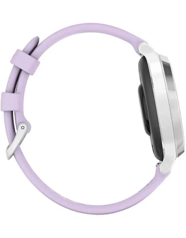 Ceas Garmin Lily 2 Active, display AMOLED, dimensiune afisaj 25,4 mm x 21,3 mm, rezolutie afisaj 240 x 201 pixeli, memorie 8GB, autonomie pana la 9 zile, rezistanta la apa pana la 5 ATM, greutate: 24,4g, ramă Argintiu, şi curea Purple Jasmine din silicon — miniatură