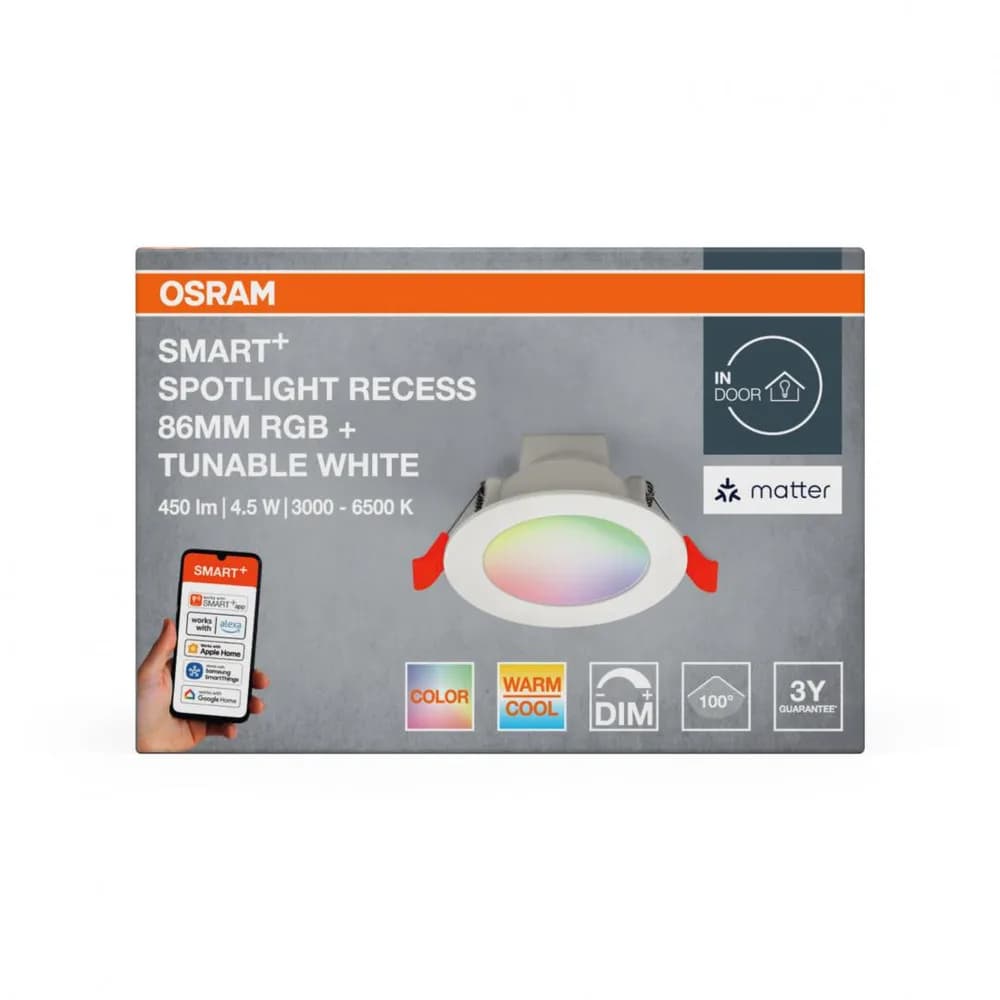 Spot LED RGB incastrat OSRAM SMART+ MATTER 100°, 4.5W, 450 lm, lumina alba si color(3000-6500K), IP20/IK03, Ø86mm, Alb