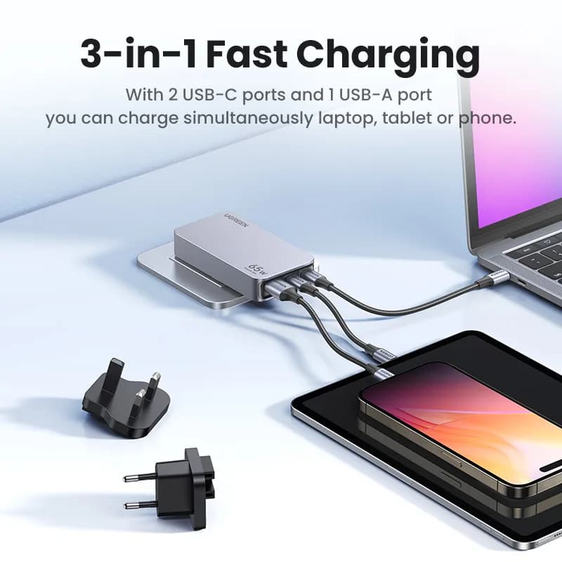 INCARCATOR retea Ugreen Nexode Pro GaN "X753" Quick Charge 65W, ultra-slim, 2 x USB Type-C, 1 x USB, gri "25356" - 6941876223565 — miniatură