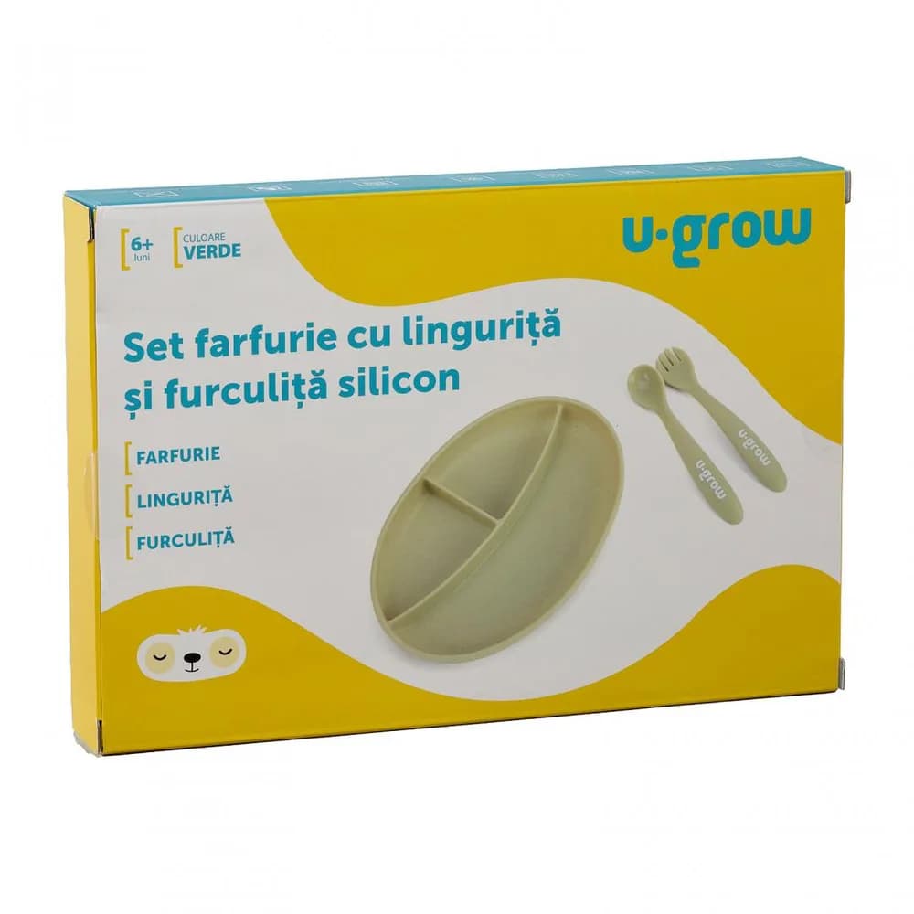 Set farfurie cu lingurita si furculita silicon, olive,U-Grow — miniatură