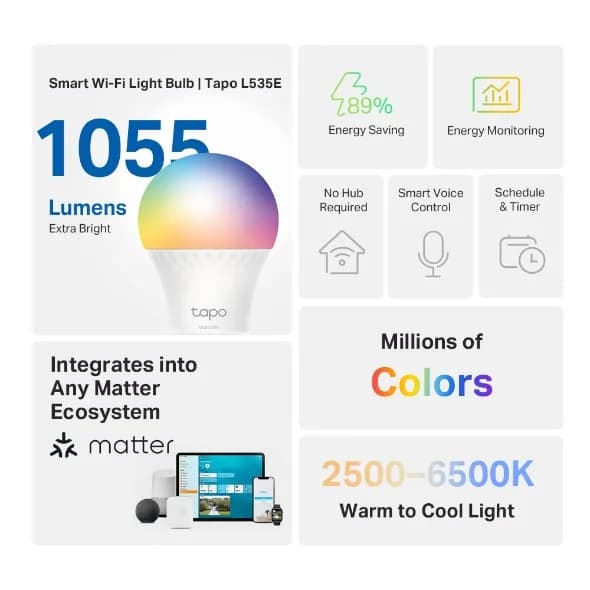 BEC LED wireless TP-LINK, 1055lm, 8.6W, E27, intensitate reglabila, control prin smartph.cu apl.Tapo, ajustare auto a luminii in fct. de mom zilei-diferite culori "Tapo L535E" — miniatură