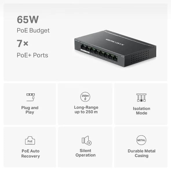 Switch Mercusys Desktop 8 porturi Gigabit, MS108GP, 7 porturi POE (1-7), buget POE: 65 W, Standarde si protocoale: IEEE 802.3x Flow Control, Dimensiuni: 171*98*27 mm. — miniatură