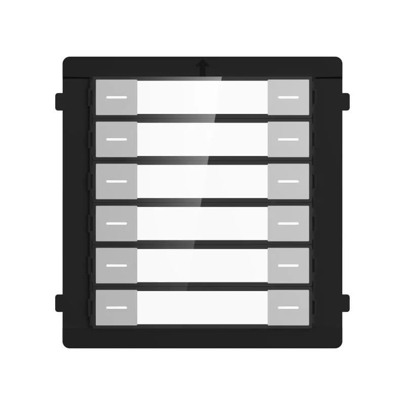 Modul de extensie videinterfon cu 12 butoane de apelare Hikvision DS-KD- K12; montaj aplicat sau ingropat (acesoriile de montaj nu sunt incluse), customizare afisare nume; iluminare pe timp de noapte; Conectare RS-485, Protectie: IP 65; Dimensiuni: 98.2 mm × 100.2 mm × 33.7 mm; Temperatura de