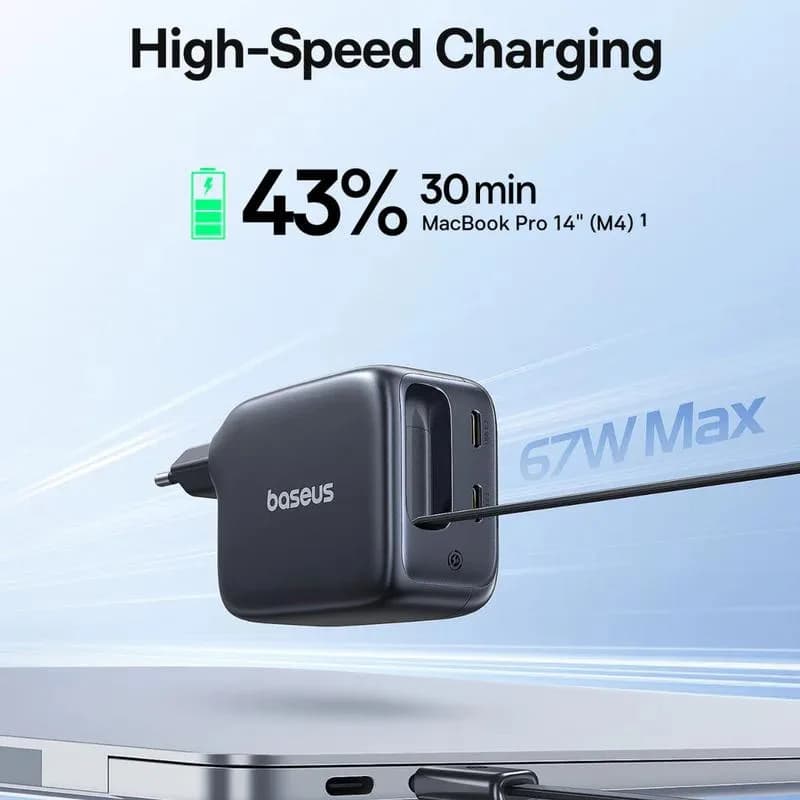 INCARCATOR retea Baseus EnerCore CJ11, Quick Charge 67W, 2 x USB Type-C, cablu USB Type-C retractabil integrat, negru "E0121E00" - 6932172696498 — miniatură