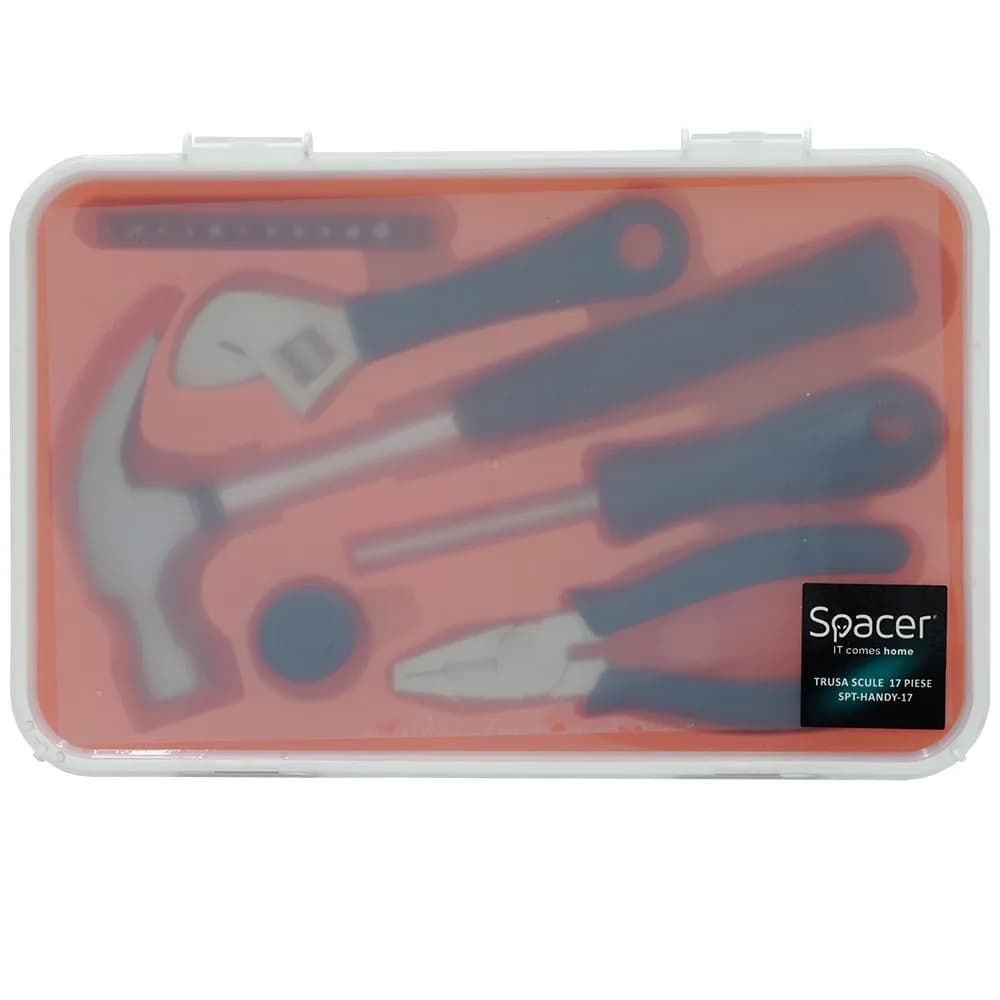 TRUSA scule SPACER contine 1 x ciocan, 1 x patent, 1 x surubelnita, 12 x capete surubelnita, 1 x cheie reglabila, 1 x protectie cauciuc ciocan, 1 x cutie transport si depozitare " SPT-HANDY-17" — miniatură