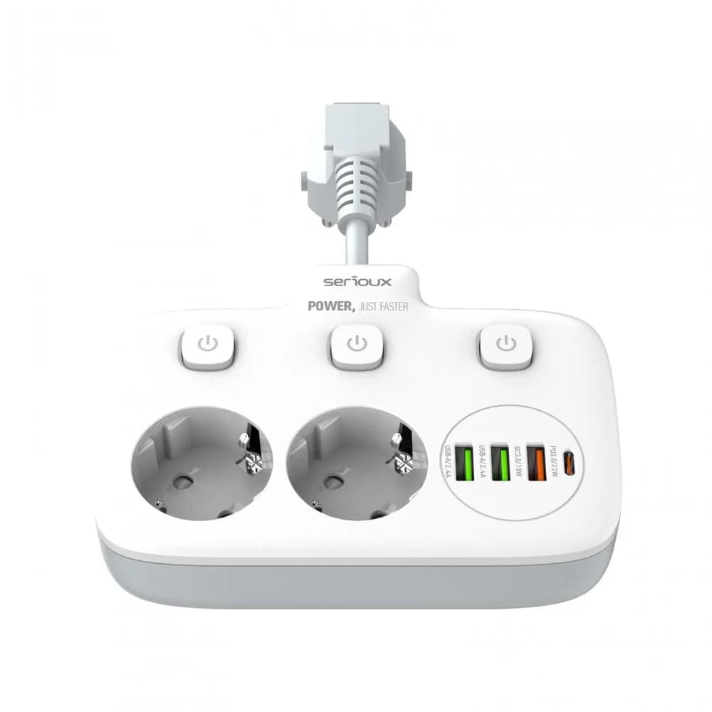 Prelungitor tip priza cu protectie Serioux Quick Charge 3.0, parametri nominali: 2500W-10A(Max) 250V, Intrare: AC100-250V 10A 50/60HZ, Ieșire PD: 5V=3A 9V=2.22A 12V=1.67A 20W (MAX), Ieșire QC: 5V-3A 9V=2A 12V=1.5A 18W (MAX), Ieșire Auto-ID: 5V-2.4A 12W (MAX) Putere totală: 20W MAX — miniatură