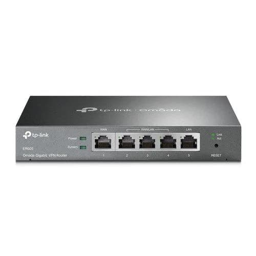 "Omada Gigabit VPN Router PORT: 1× Gigabit RJ45 WAN Port, 2× Gigabit RJ45 WAN/LAN Ports, 2× Gigabit RJ45 LAN Ports, 1× USB 2.0 Port; FEATURE: Integration with Omada SDN Controller, Support 20 IPsec VPN Tunnels, 16 PPTP/L2TP VPN Tunnels, 16 OpenVPN Tunnels, 150000 Concurrent Sessions, Load Balance