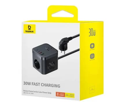 INCARCATOR RETEA Baseus GaN Powerstrip, Quick Charge 30W, 3 x AC, 2 x USB Type-C Output 5V/3A, 2 x USB, lungime cablu 1.5m, negru "E00066400117-00" - 6932172651121 — miniatură