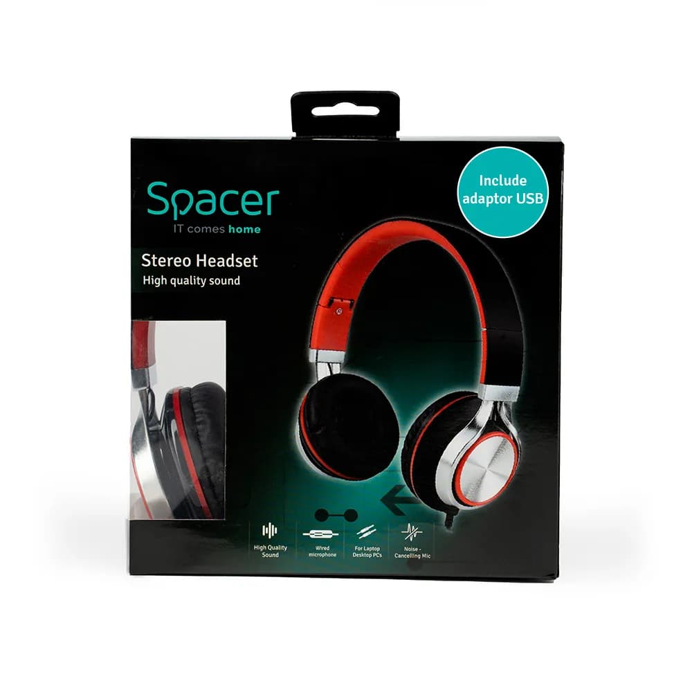 CASTI Spacer, cu fir, standard, utilizare multimedia, microfon pe fir, pliabile, banda ajustabila, conectare prin adaptor USB 2.0 sau Jack 3.5 mm x 2, rosu&negru, "SPHS-SILVER-USB" — miniatură