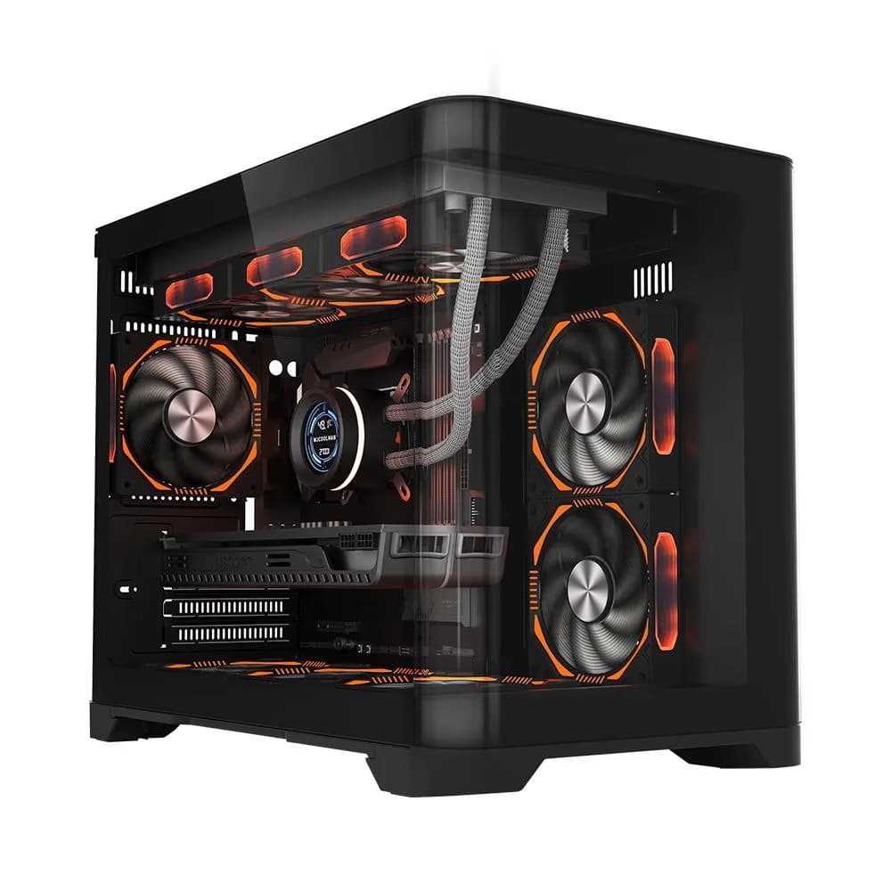 Carcasa 1stPLAYER® Gaming UV6-bk, Micro-ATX, 6 ventilatoare aRGB infinity efect plus PWM, telecomanda, negru — miniatură