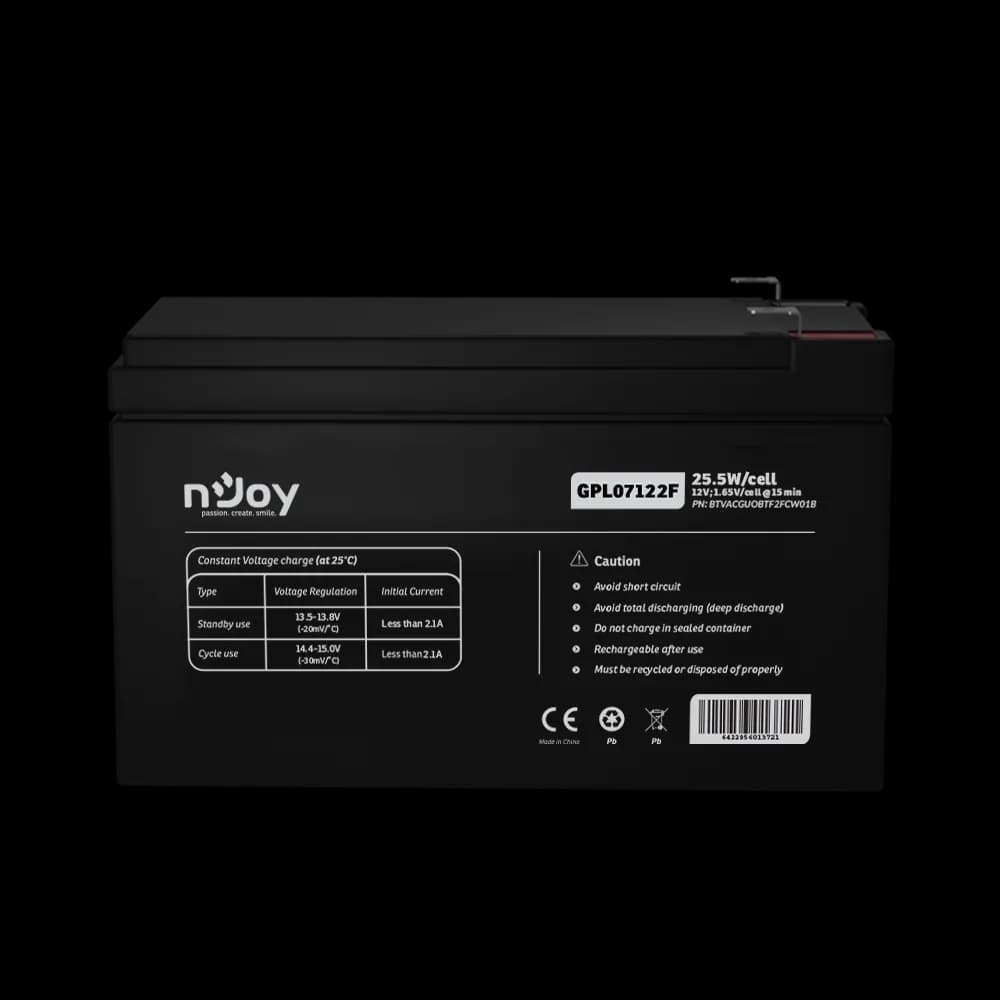 Acumulator nJoy GPL07122F 12V 22.72W/cell, Capacitate 22.72W/cell evaluat la 1,65V/cell@15 min), Tensiune 12V, Tip VRLA - fara mentenanta, Caracteristici: Sigilata complet si fara intretinere, Peste 260 de cicluri la 100% DOD, Utilizare standard 5-8 ani, Auto-descarcare redusa, Conectori : F2 — miniatură