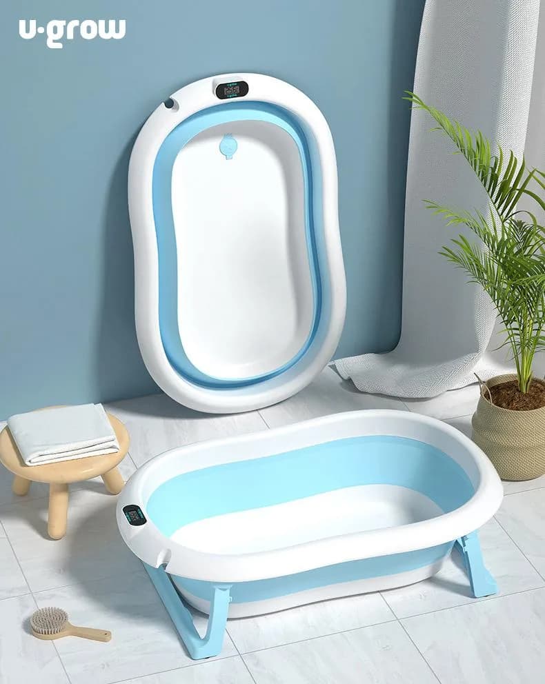 Cadita cu pernuta pentru bebelusi, termometru digital incorporat, pliabila, dop se scurgere, picioare anti-alunecare, blue, U-Grow — miniatură