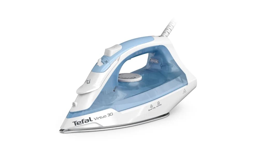 Tefal Virtuo 30 FV2C41E0. Type: Dry & Steam iron, Soleplate type: Ceramic soleplate, Cord length: 1.9 m. Iron power: 2000 W. Width: 134 mm, Depth: 306 mm, Height: 178 mm. Package width: 134 mm, Package depth: 178 mm, Package height: 306 mm. Products per pallet: 72 pc(s), Products per pallet layer
