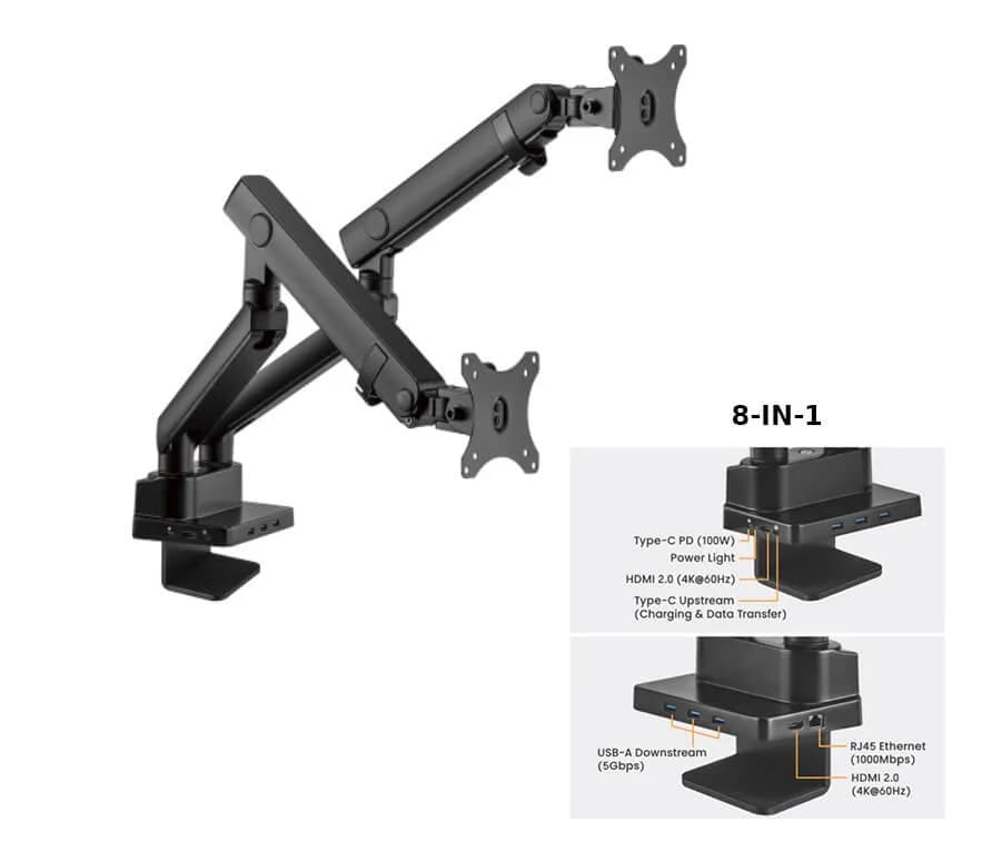 Suport 2 monitoare de masa cu Statie docking 8-in-1, Blackmount MNT20-2, 17"-32", max.8 kg/brat, otel, negru