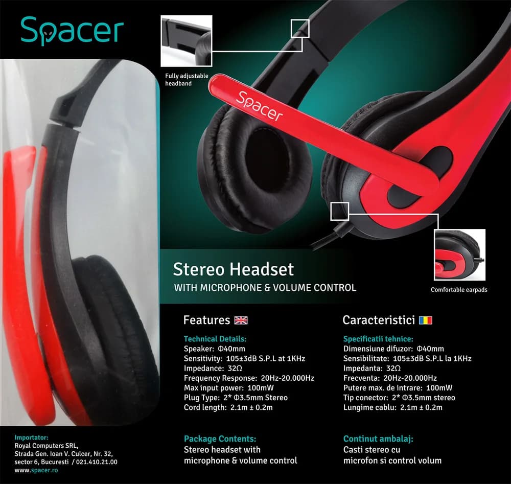 CASTI Spacer, cu fir, standard, utilizare multimedia, microfon pe brat, conectare prin Jack 3.5 mm x 2, negru / rosu, "SPK-507" — miniatură
