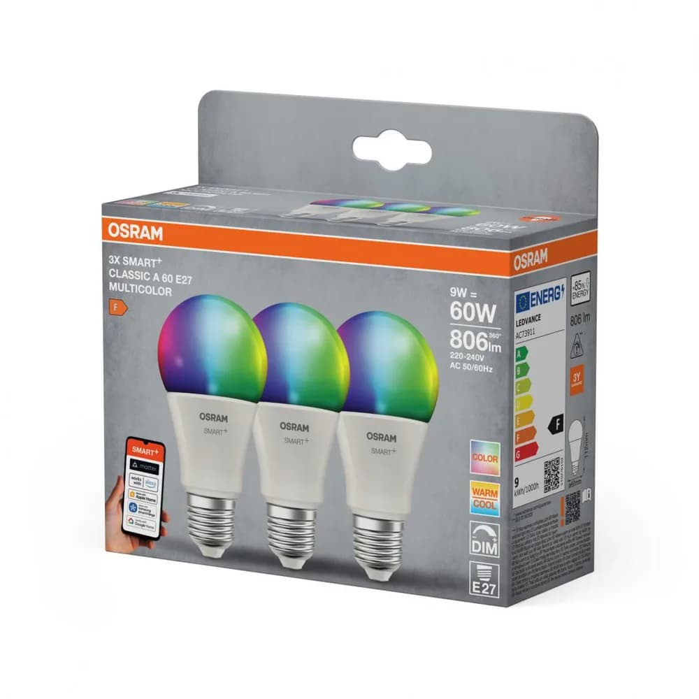 3 Becuri LED RGB inteligente Osram SMART+ Matter over WiFi Classic Multicolour A,E27, 9W (60W), 806 lm, lumina alba si color (2700-6500K)