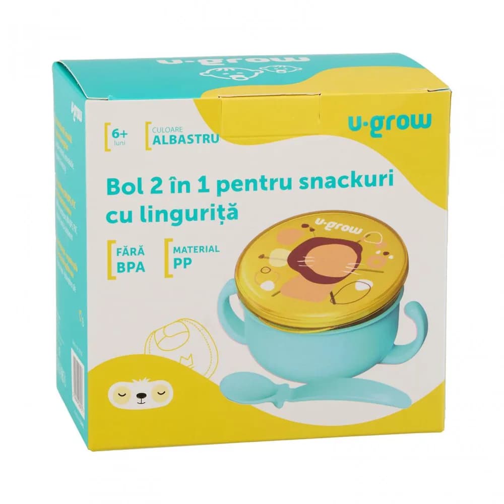 Bol 2 in 1 pentru snackuri si lingurita, blue, U-Grow — miniatură