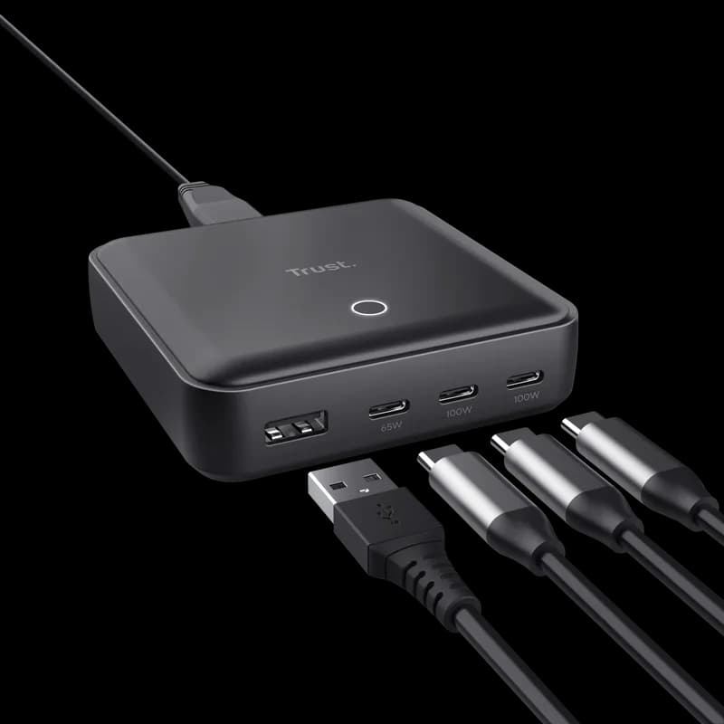 Statie de incarcare Trust, 4 porturi: 1 x USB-A & 3 x USB-C, putere maxima 100W, compatibil cu laptop, tableta, smartphone, accessorii, negru — miniatură