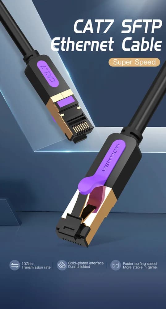 Patch cord SFTP Vention, Cat. 7, RJ-45 (T) la RJ-45 (T), 1m, AWG 28, 10Gbps, ecranat, conectori auriti, negru, "ICDBF" - 6922794741775 — miniatură