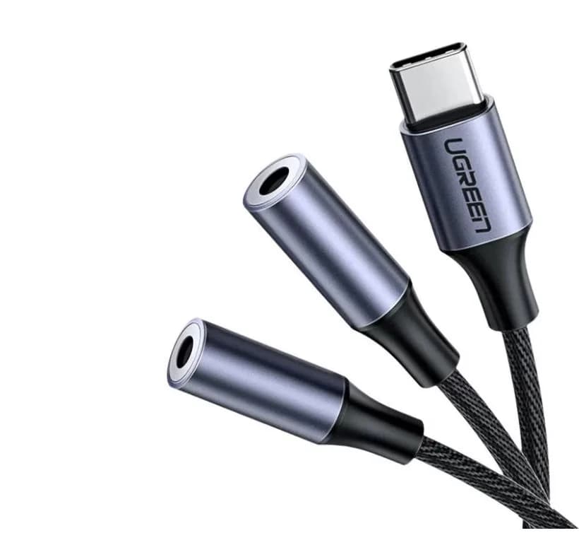 CABLU audio Ugreen, "AV144" USB Type-C (T) la 2 x 3.5 mm jack (M), 0.20 m, argintiu "30732" - 6957303837328