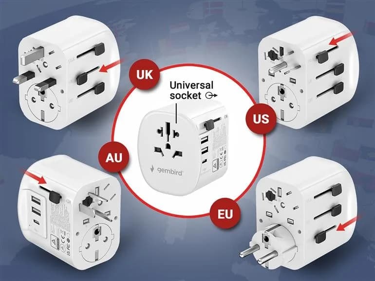 ADAPTOR GEMBIRD, universal, conectori: US/UK/EU/AU, 1x USB Type-C 15W, 2x USB-A 12W, siguranta 10A, max. 2300W, alb, "TPA-EU2A1C15-01-W" — miniatură