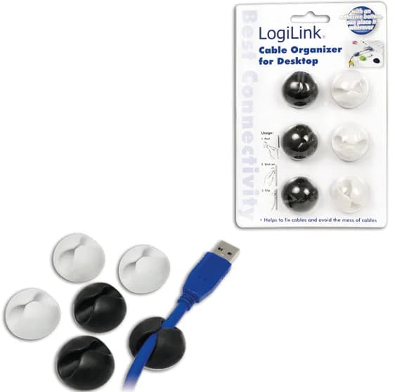 Set organizator cabluri Logilink, tip clip, 6 buc, negru/alb, autoadeziv "KAB0009"