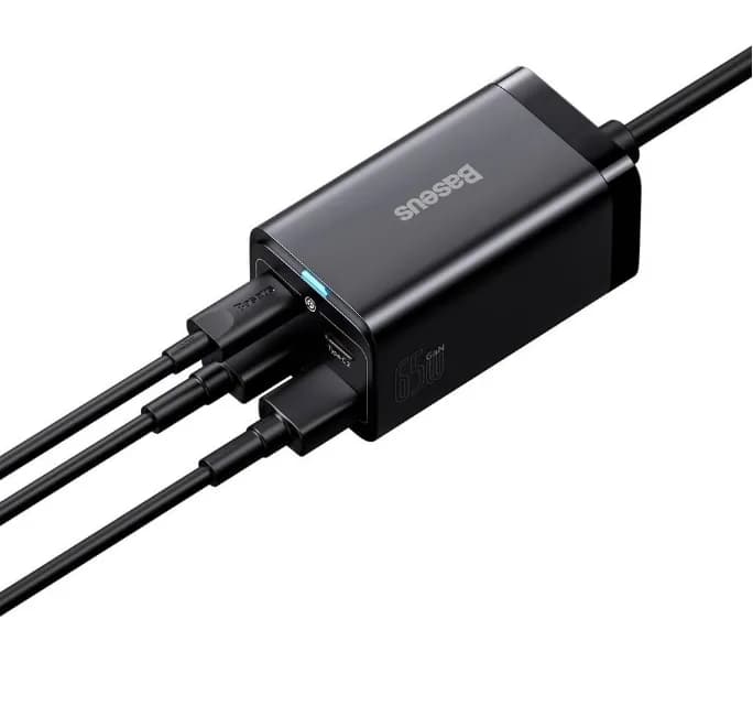 INCARCATOR retea Baseus GaN3 Pro, Quick Charge 65W, 2 x USB, 2 x USB Type-C, include cablu USB Type-C la USB Type-C 100W 1m, negru "CCGP040101" - 6932172600334 — miniatură